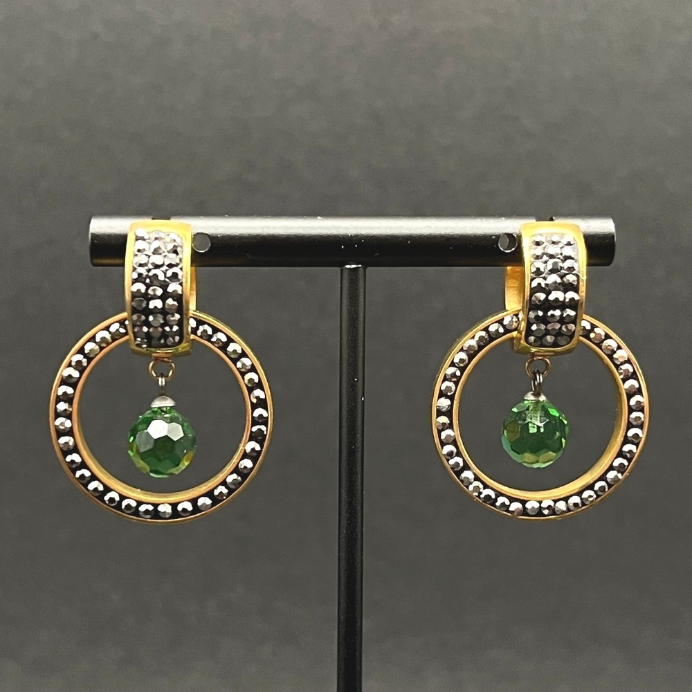 Hoop Earrings Gold Tone Green Faceted Crystal 316L Surgical Steel